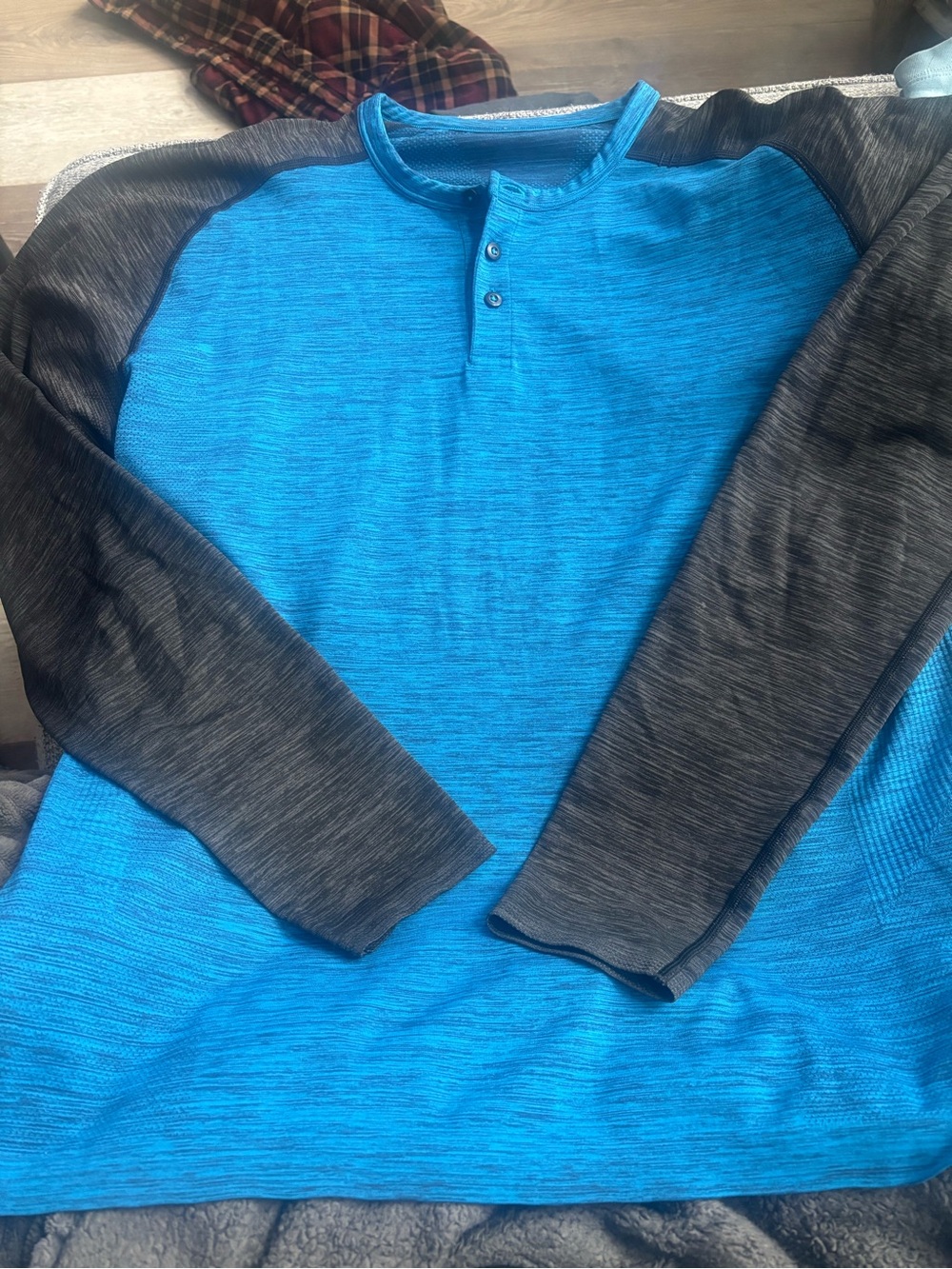 lululemon athletica Blue Henley with Dark Gray Raglan Sleeves
